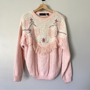 Vintage Rafferty Sweater Size Large‎ Pink Floral Hearts Fringe Crew Neck Knit